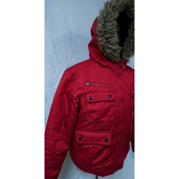 CJ Black Premium Womens Medium Red Zip Up Faux Fur Hood Heavy Winter Coat Jacket - Picture 2 of 14